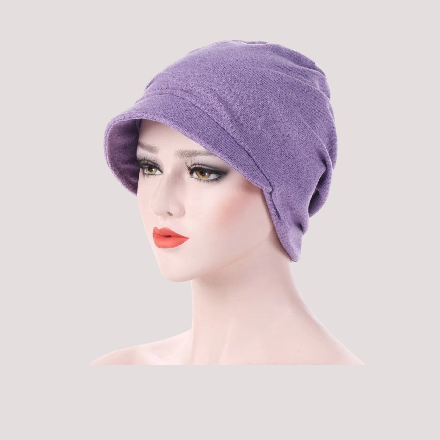 Casquette chimio violette en coton pour femme, vue de côté