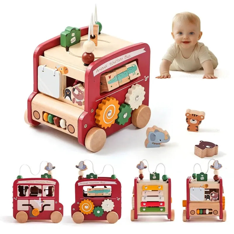 Bus en bois avec jeux de coordination et textures variées