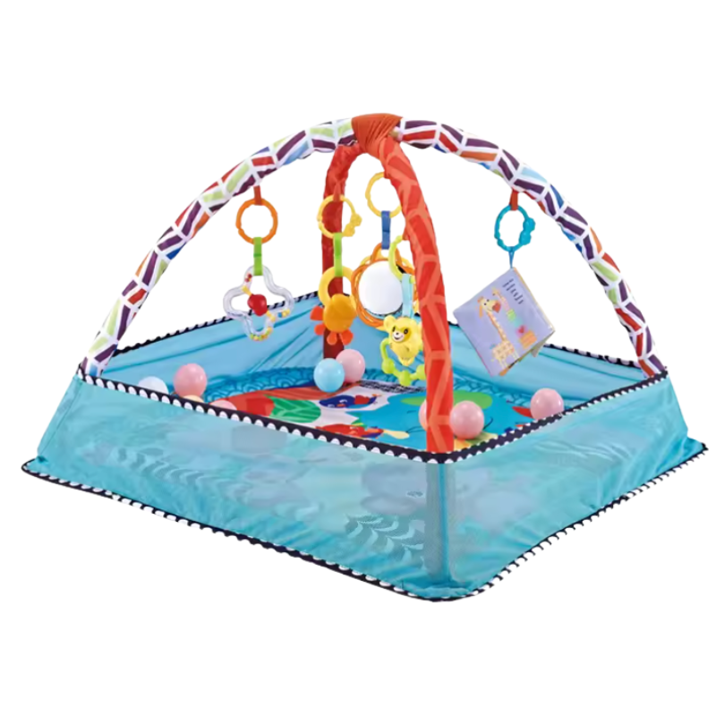Tapis d'activité bleu pour bébé, encourageant le développement sensoriel