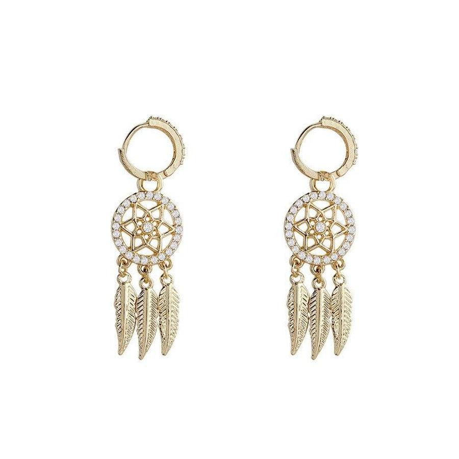 Boucles d'oreilles avec plumes et attrape-rêve en strass