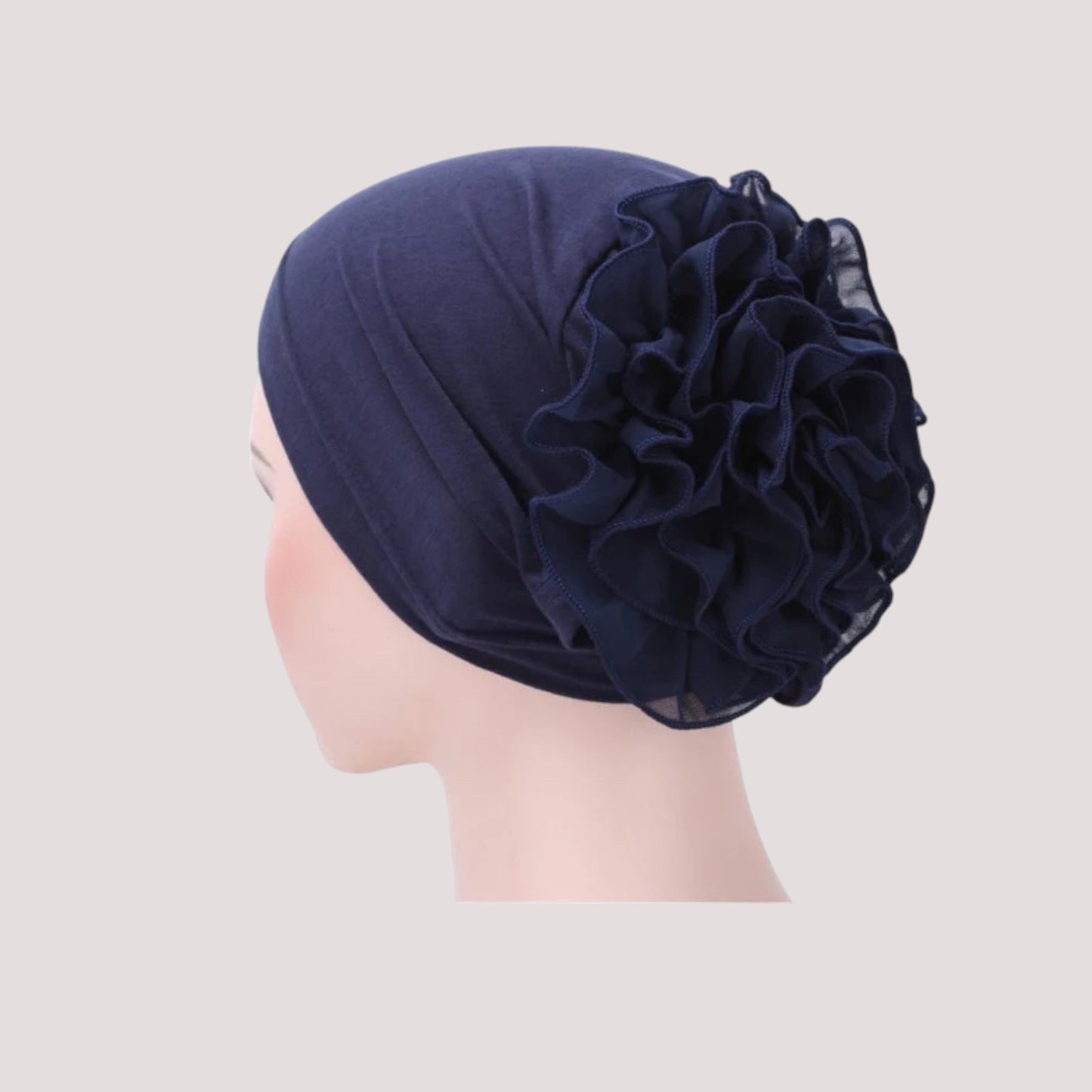 Foulard bonnet chimio bleu marine en mousseline douce