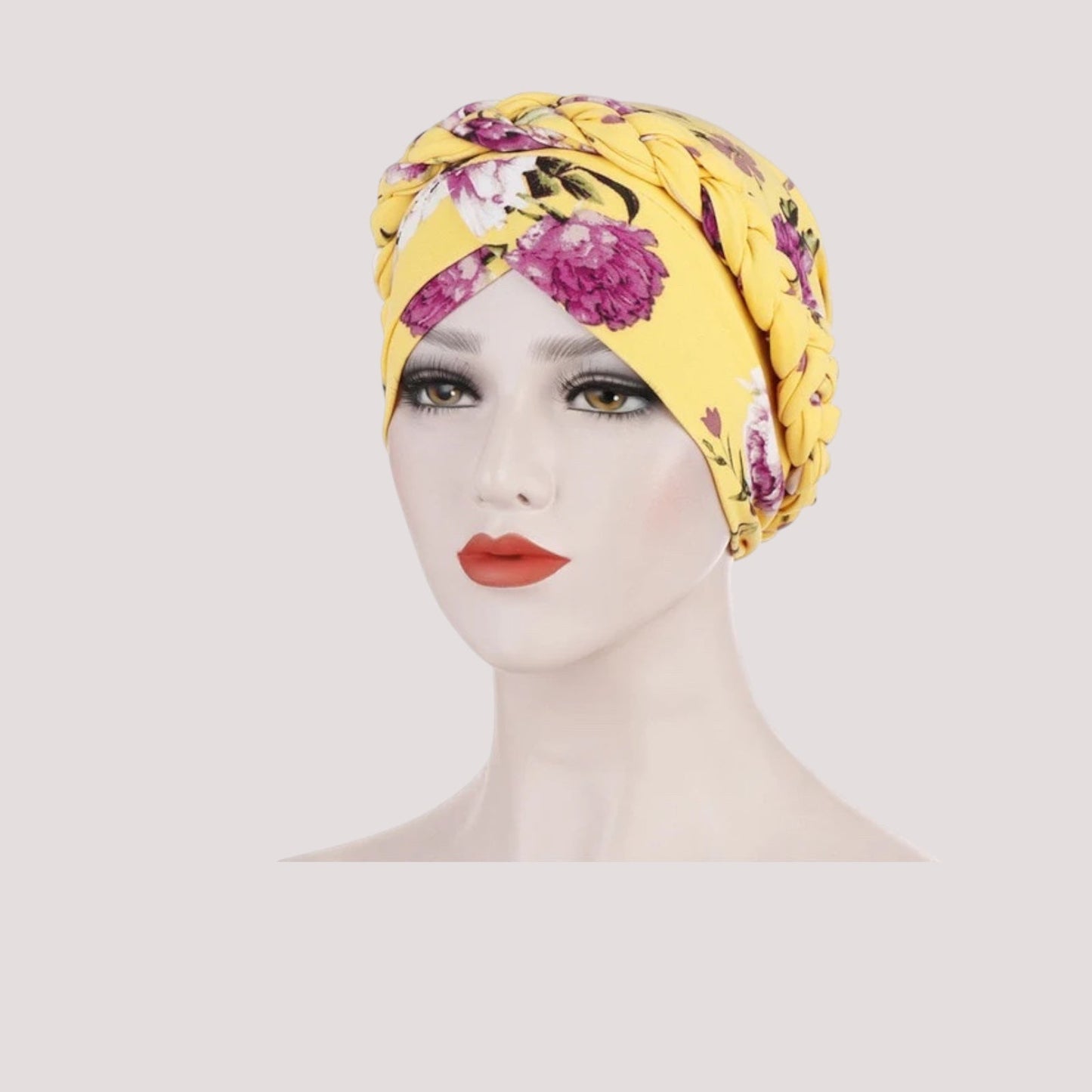 Foulard turban jaune à motif floral en mousseline
