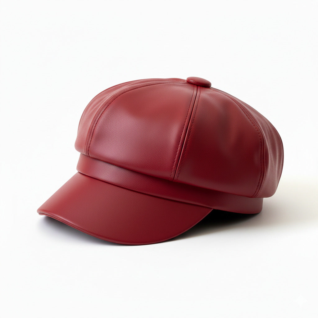 Casquette gavroche en cuir posée sur une surface en bois