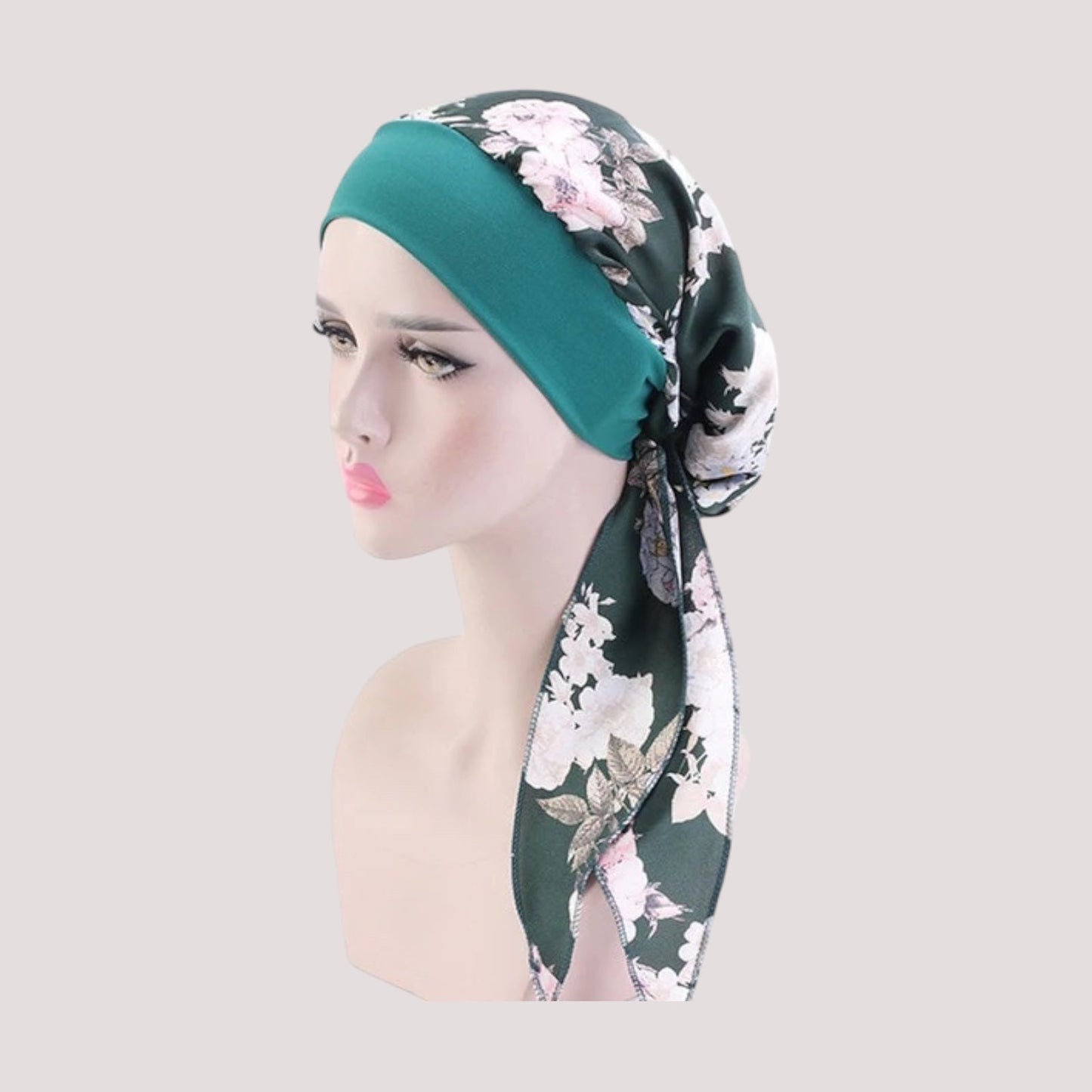 Foulard vert à motifs floraux pour cheveux avec bandeau