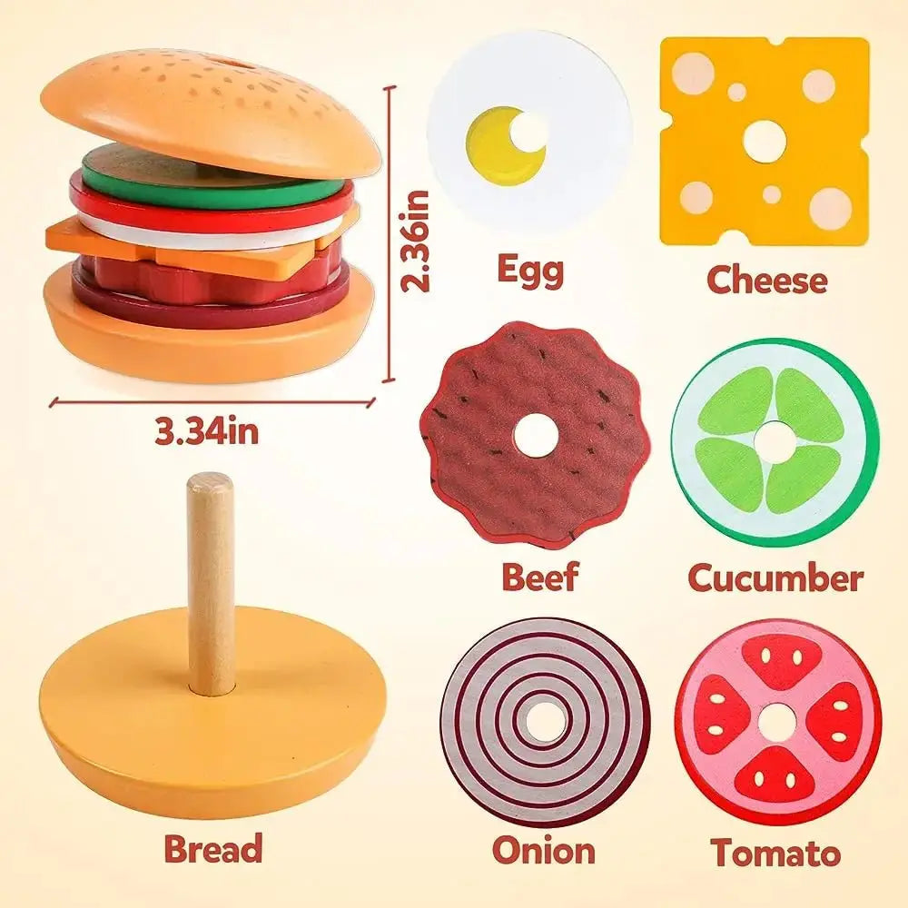 Enfant jouant avec un burger en bois Montessori