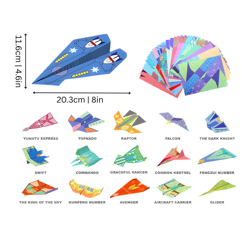 Enfant pliant un avion en papier coloré sur une table