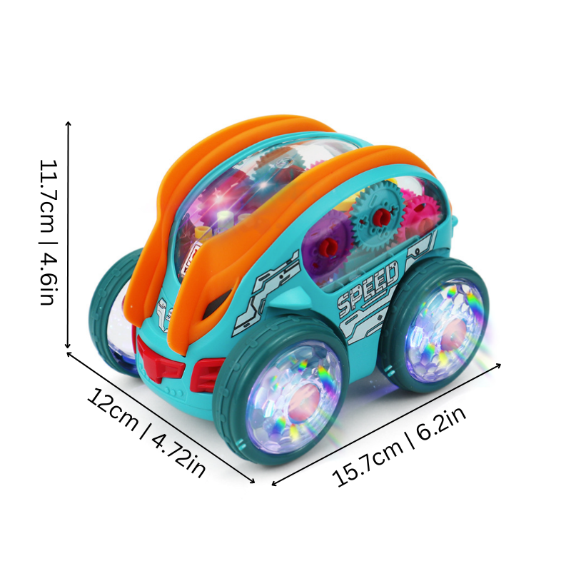 Voiture à engrenages avec lumières LED allumées, vue latérale