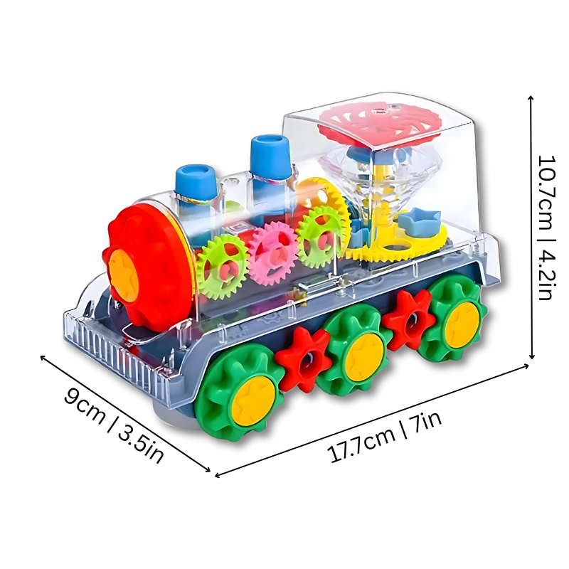 Train jouet avec engrenages colorés et lumières LED