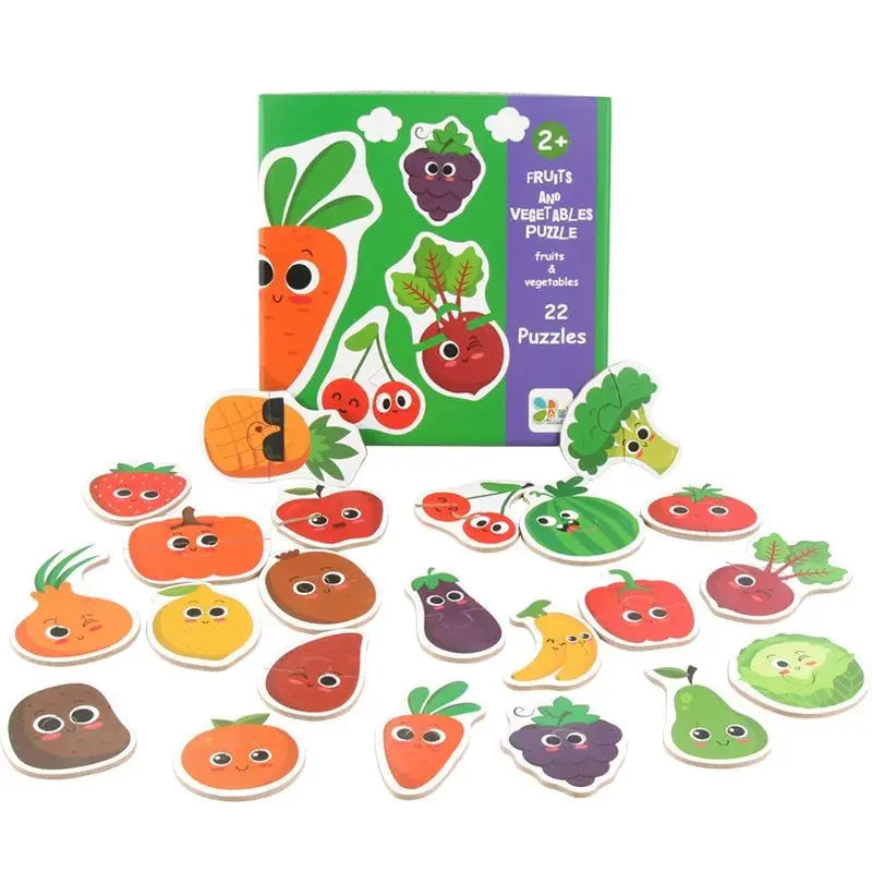 Boîte de puzzle en bois ouverte montrant pièces variées