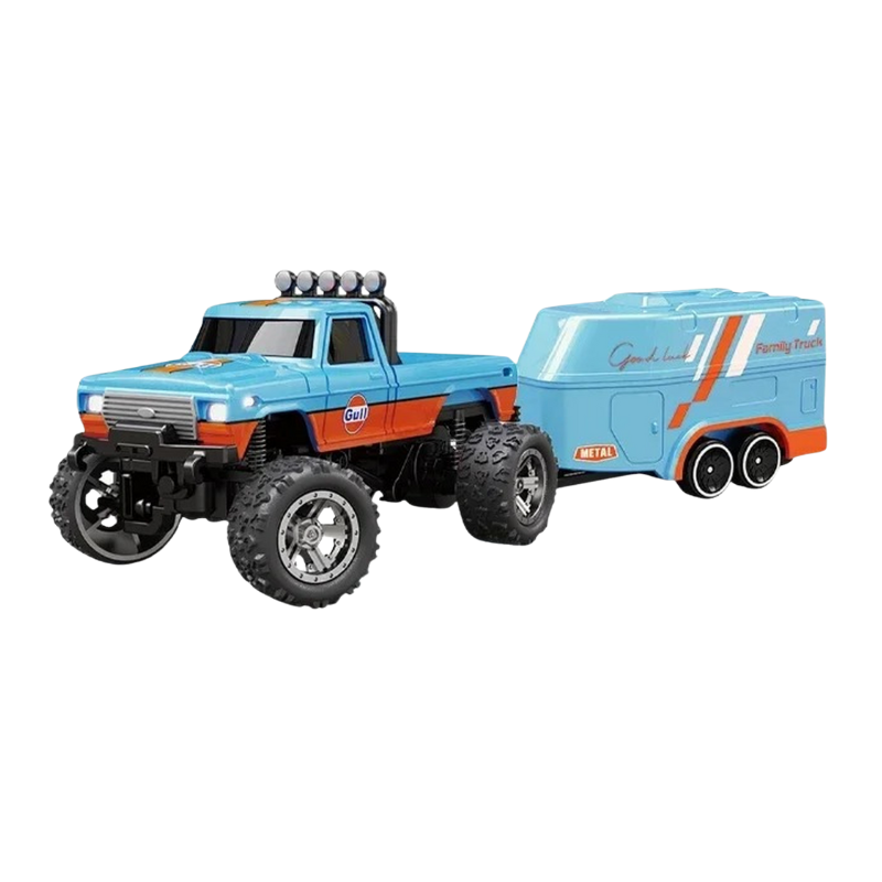 Mini monster truck RC orange et bleu avec remorque attachée