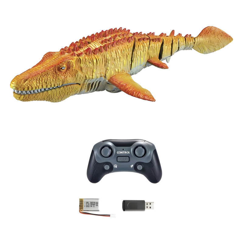 Dinosaure télécommandé orange flottant sur l'eau