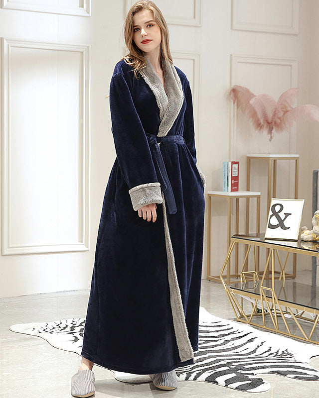 Peignoir femme polaire extra long bleu avec fourrure grise