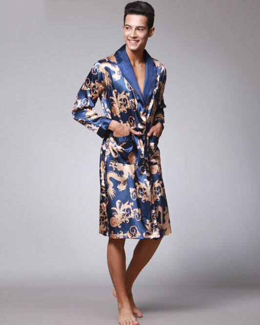 Peignoir homme kimono satin bleu et café luxe