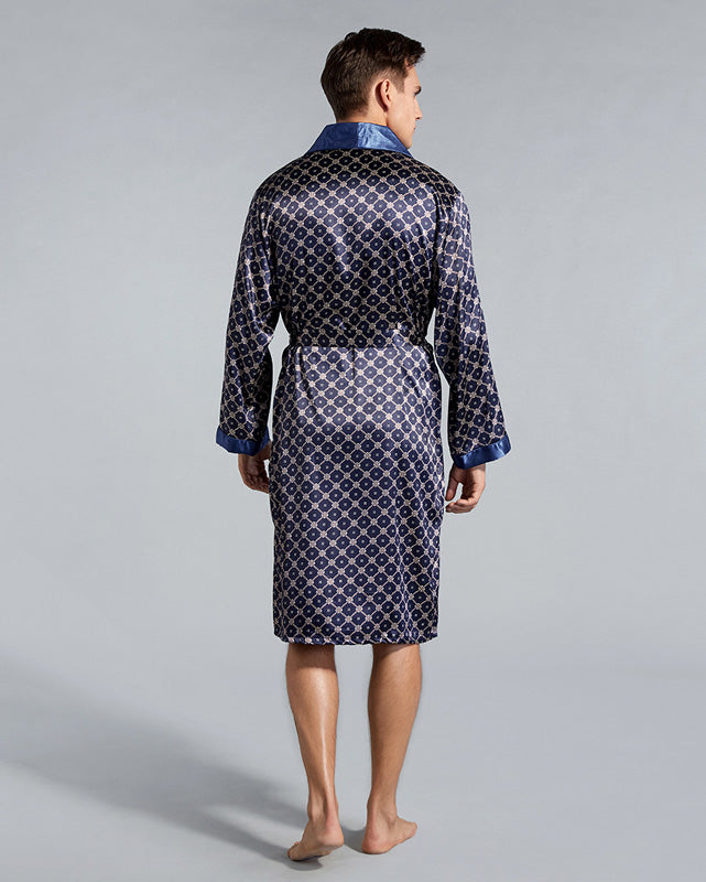 Peignoir homme kimono satin bleu quadrillé luxe