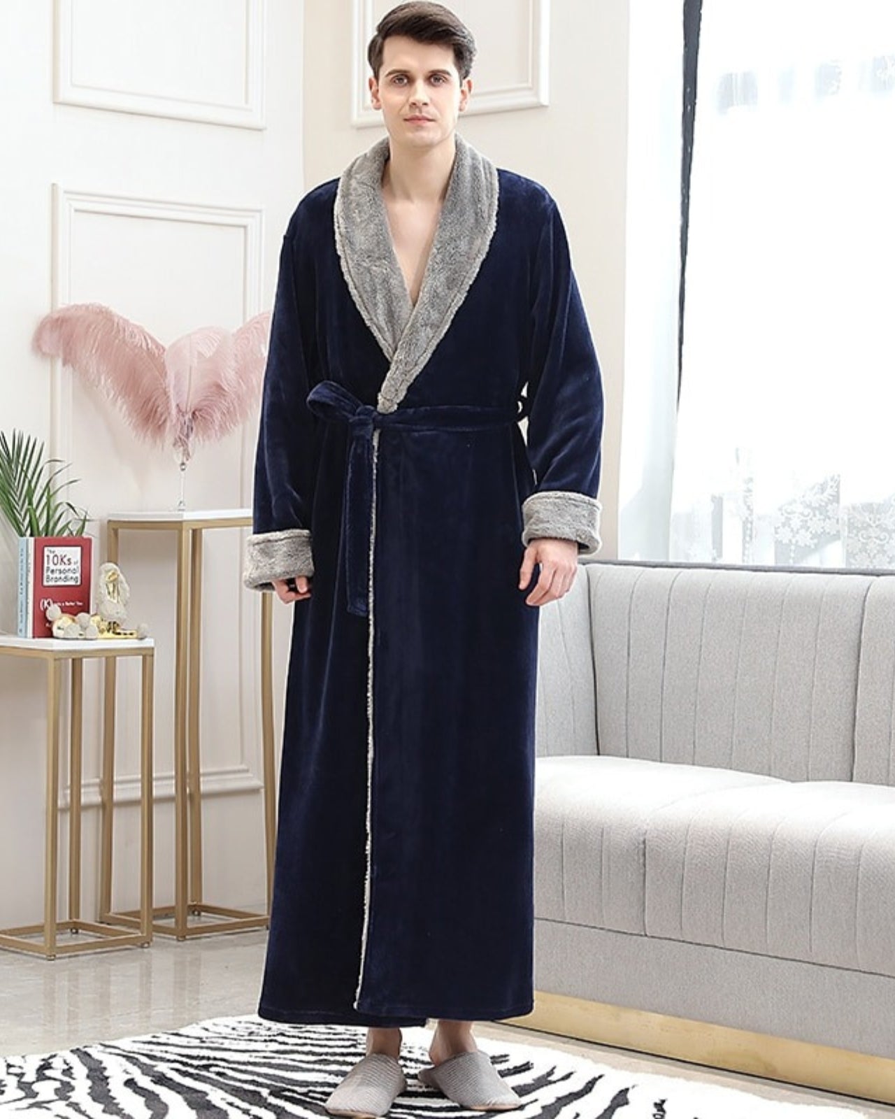 Peignoir homme polaire long et ultra doux gris et bleu