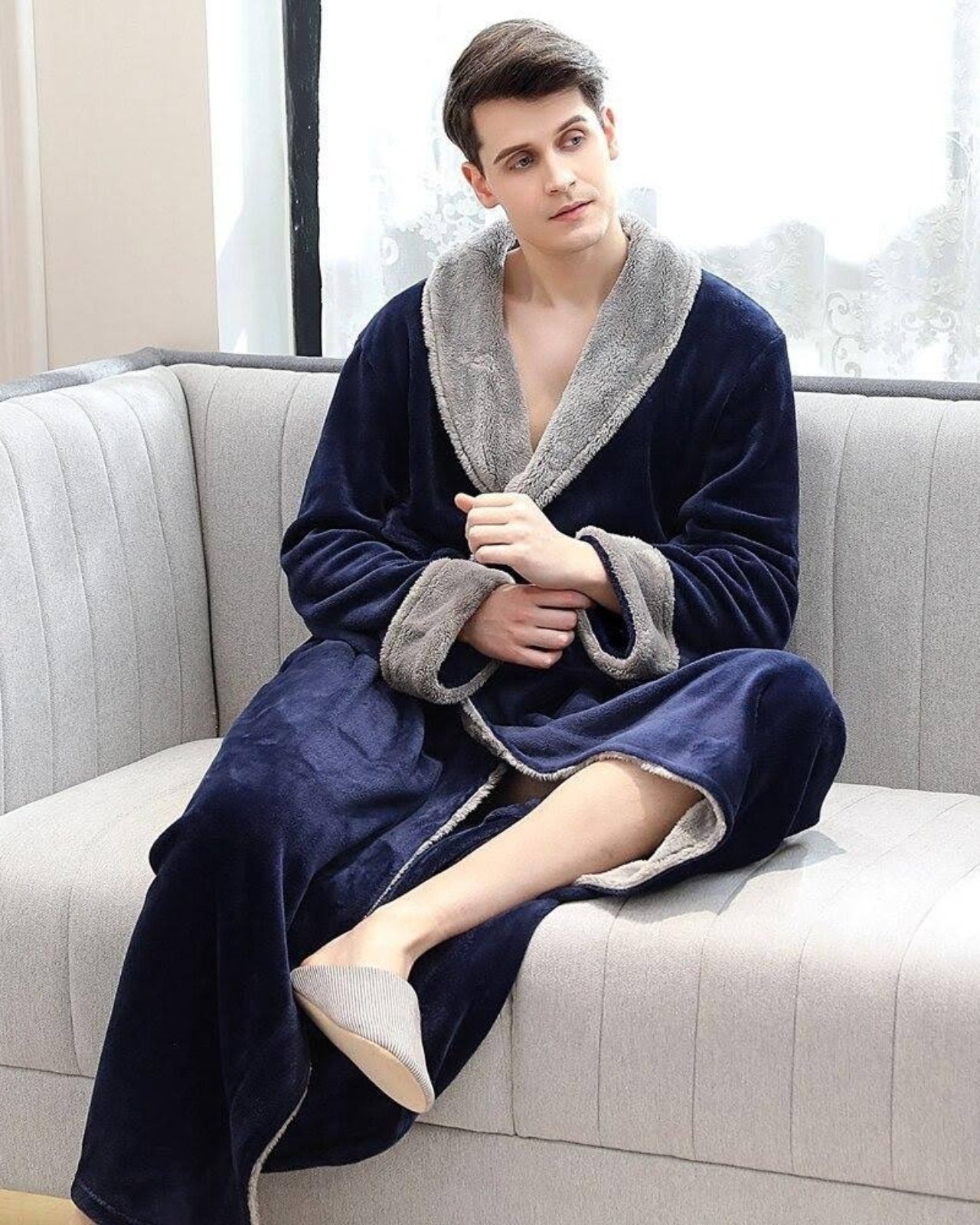 Peignoir homme polaire long et ultra doux gris et bleu