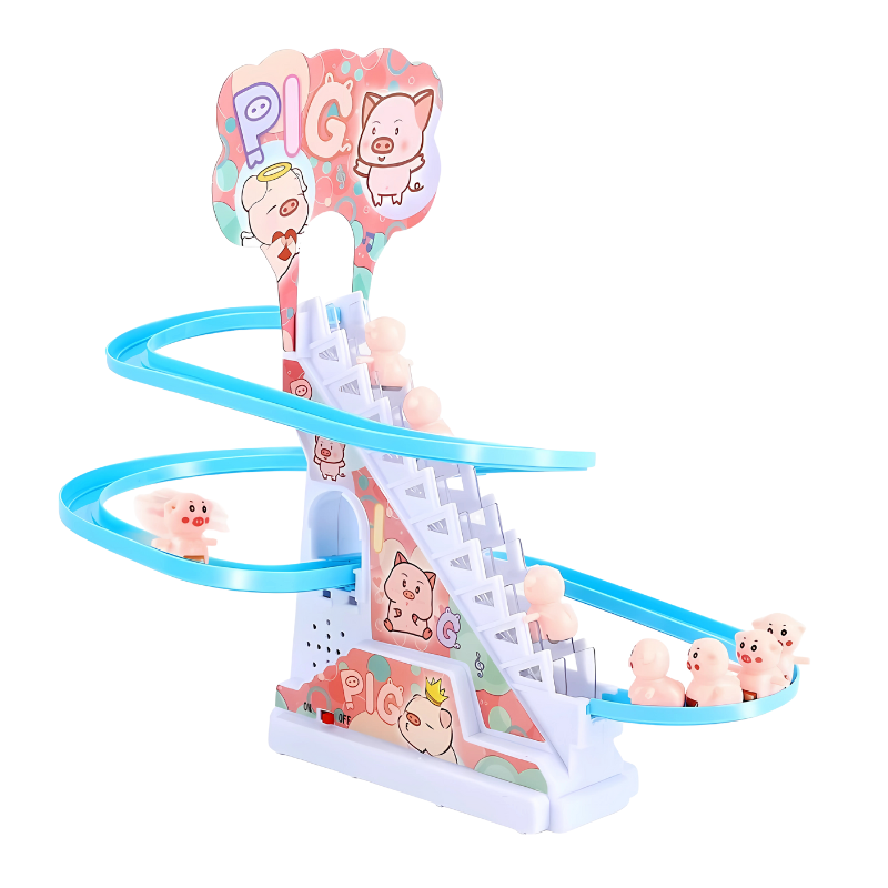 Cochon en plastique rose sur le toboggan pour enfants