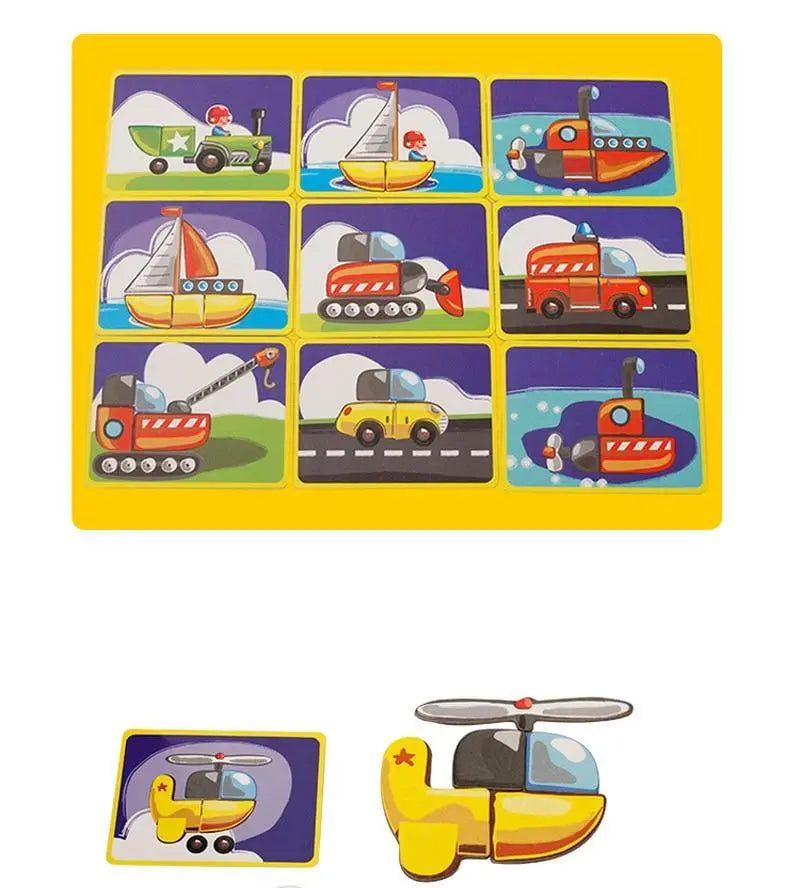 Pièces de puzzle en bois représentant différents moyens de transport