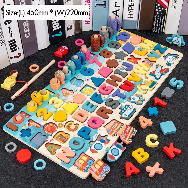 Vue d'ensemble d'un puzzle éducatif en bois, chiffres et formes