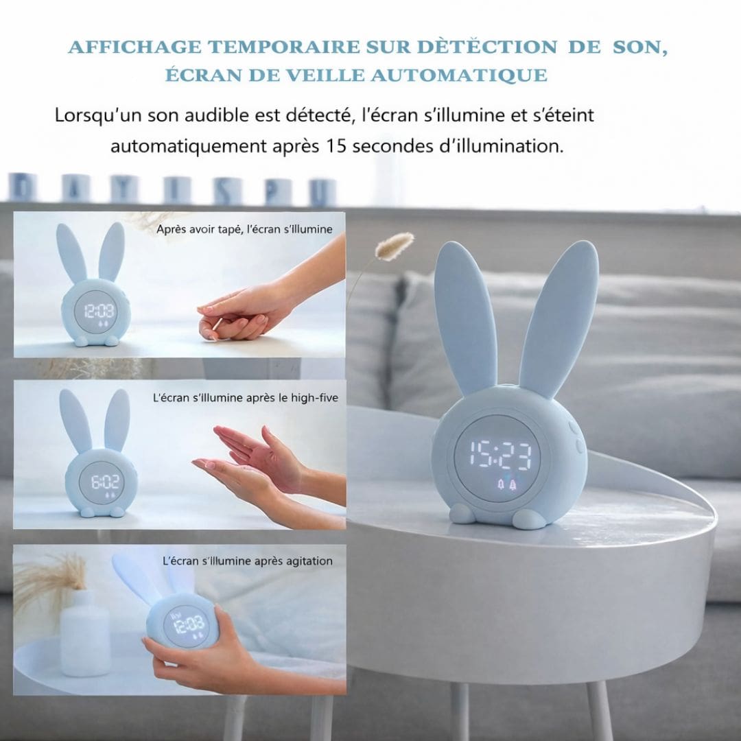 Réveil lapin en plastique blanc, câble USB visible