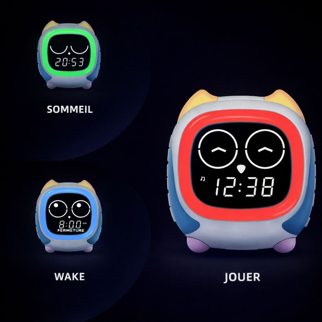 Réveil veilleuse en forme de hibou posé sur une table