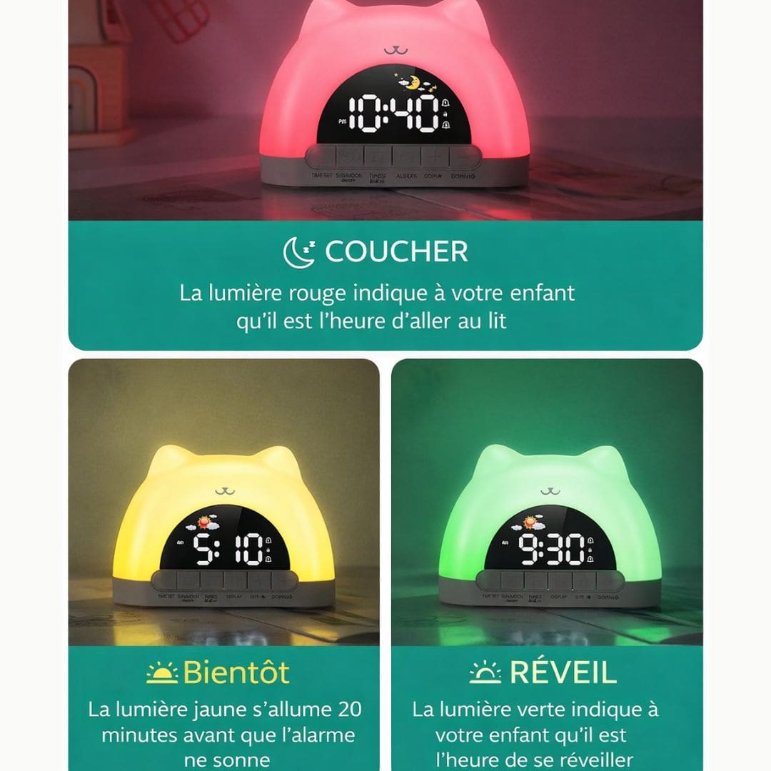 Réveil chat illuminé dans une pièce sombre, couleurs vives