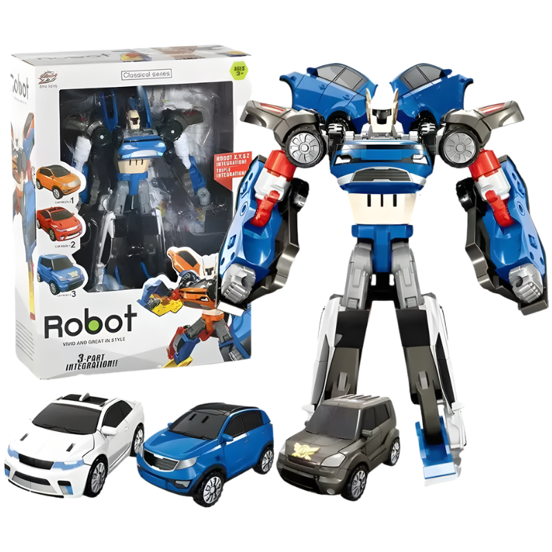 Modèle bleu et blanc du jouet, en position de robot