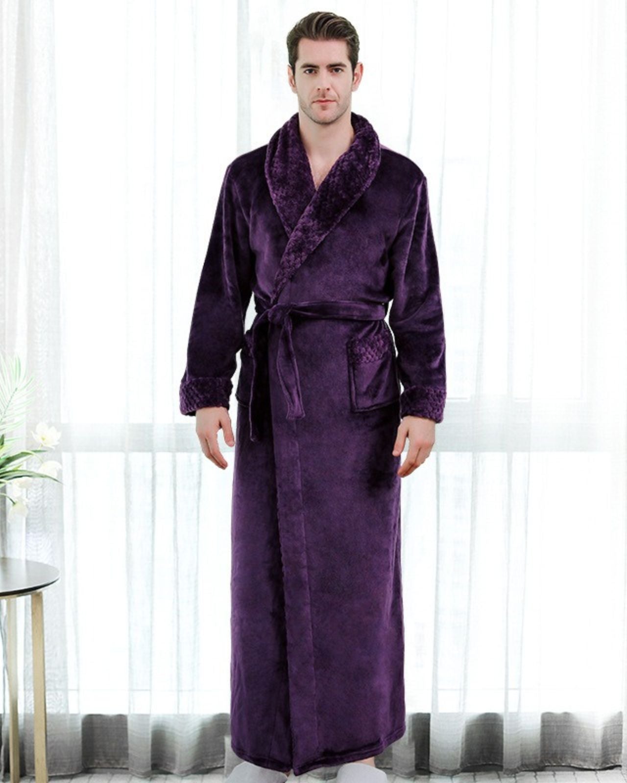 Peignoir homme polaire kimono épais et chaud violet