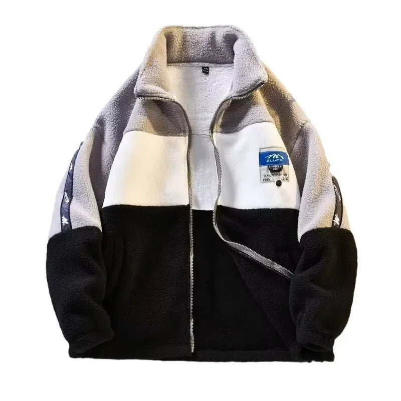 Veste tricolore en peluche avec col montant et poches