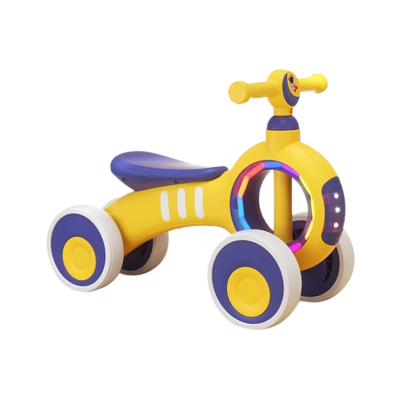 Vélo d'équilibre jaune et violet, conçu pour les tout-petits