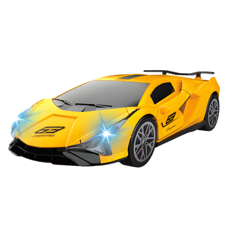 Voiture de sport jaune transformable avec roues universelles