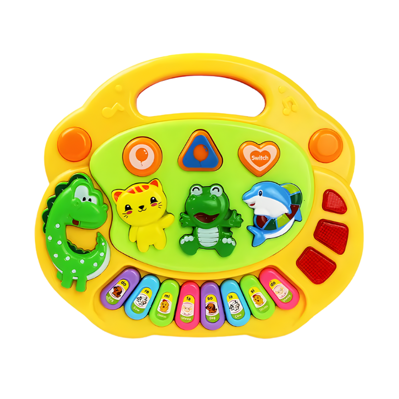 Piano éducatif jaune avec touches musicales et design sécurisé