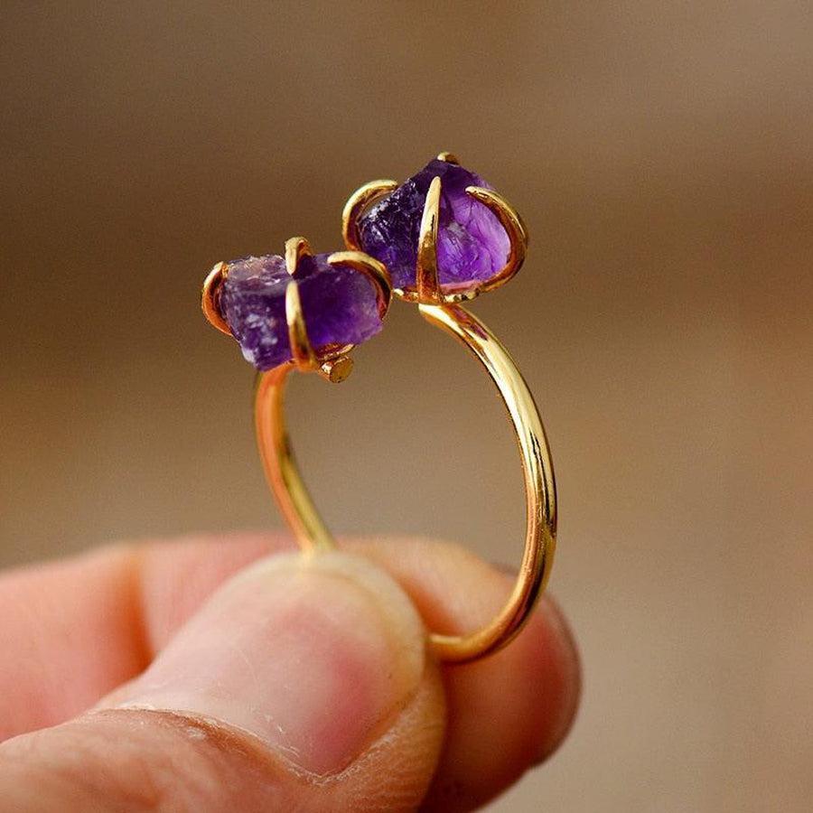 Bague réglable avec deux améthystes sur cuivre doré