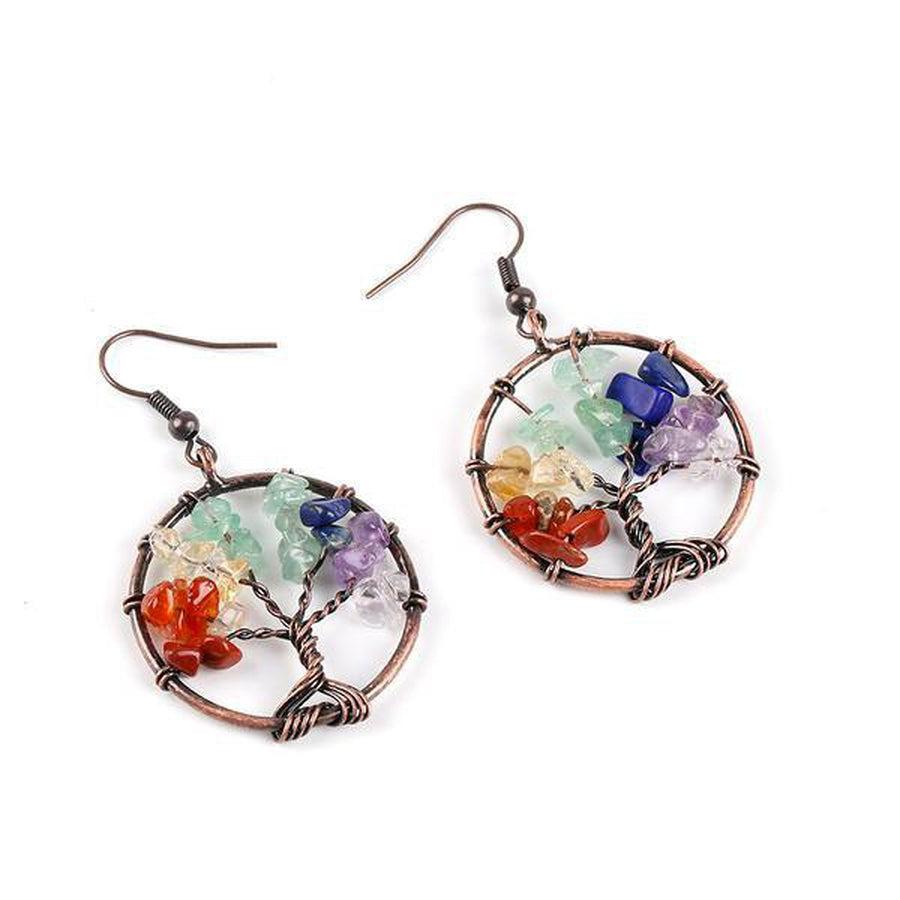 Boucles d'oreilles arbre de vie avec pierres colorées chakras