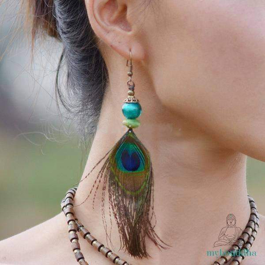 Boucles d'oreilles plumes de paon suspendues, style bohème