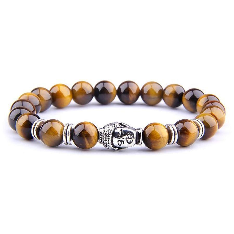 Bracelet avec perles Œil de Tigre et tête de Bouddha dorée