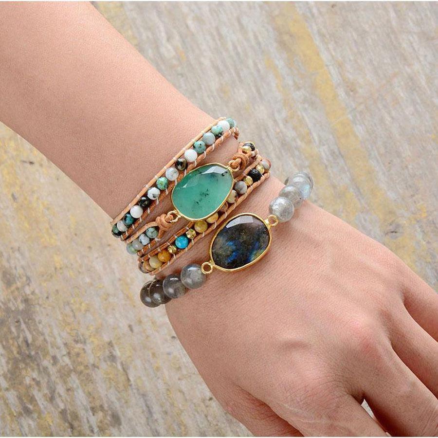 Vue latérale du bracelet montrant les nuances de la labradorite