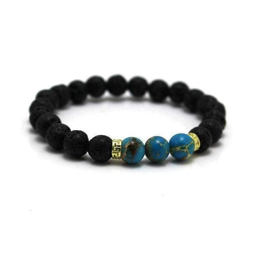 Vue latérale du bracelet en pierres turquoise et lave