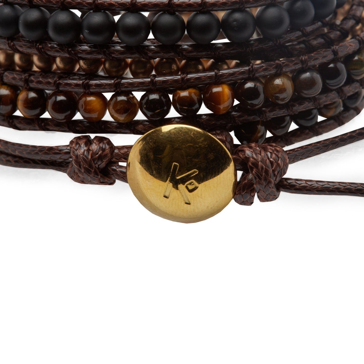 Gros plan sur les perles du bracelet en Œil de Tigre