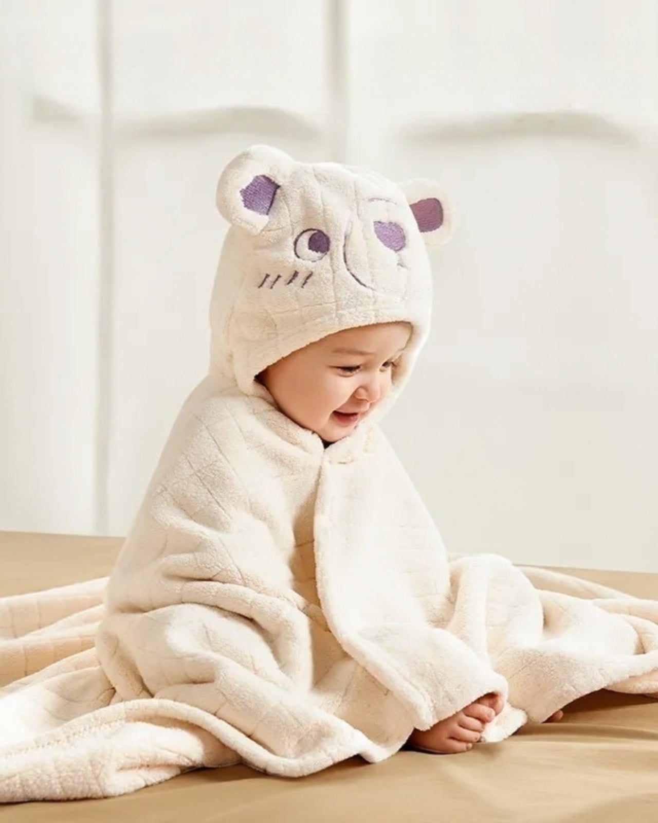 Cape de bain bébé ours beige en coton pur 0-3 ans