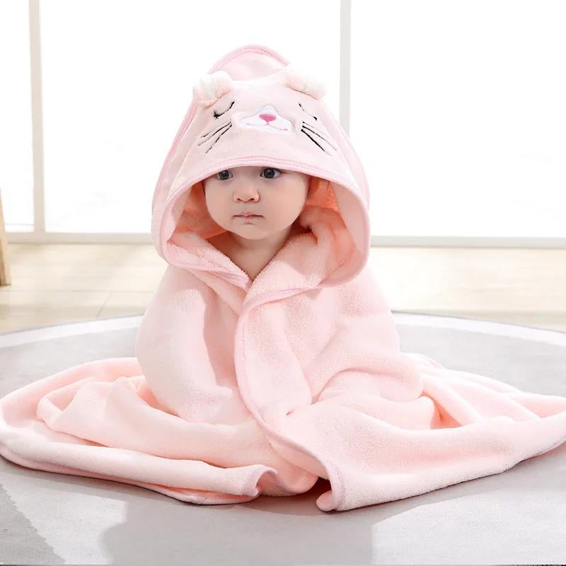 Cape de bain rose en polaire avec motif chat et oreilles