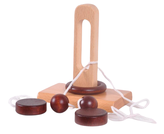Casse-tête en bois avec anneau et boules sur corde