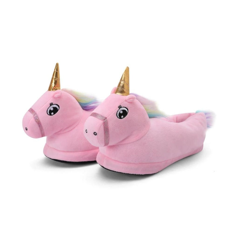 Chaussons licorne rose en Pilou Pilou avec corne dorée