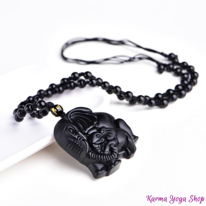 Collier obsidienne noire, perles et pendentif éléphant