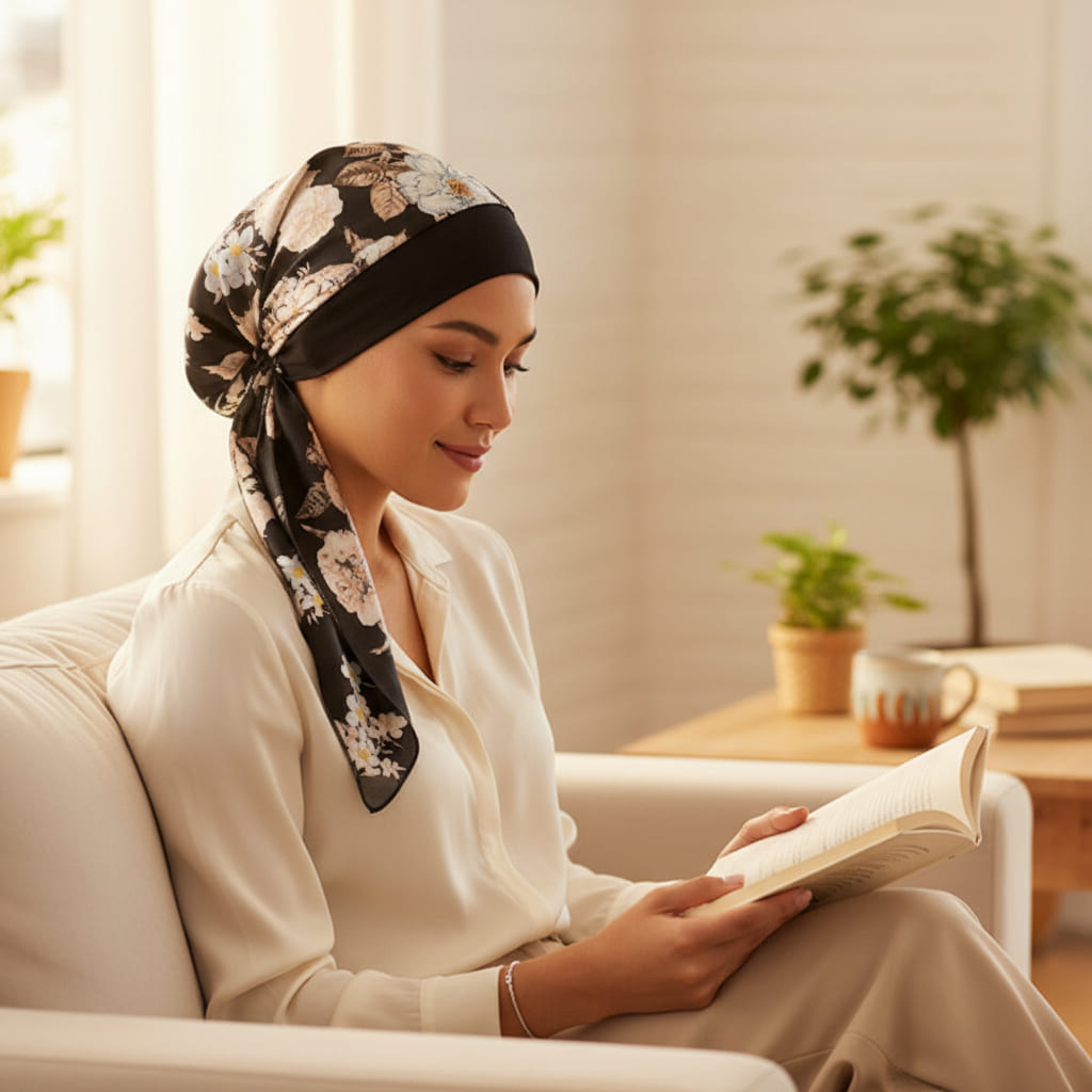 Gros plan sur les motifs floraux du foulard noir