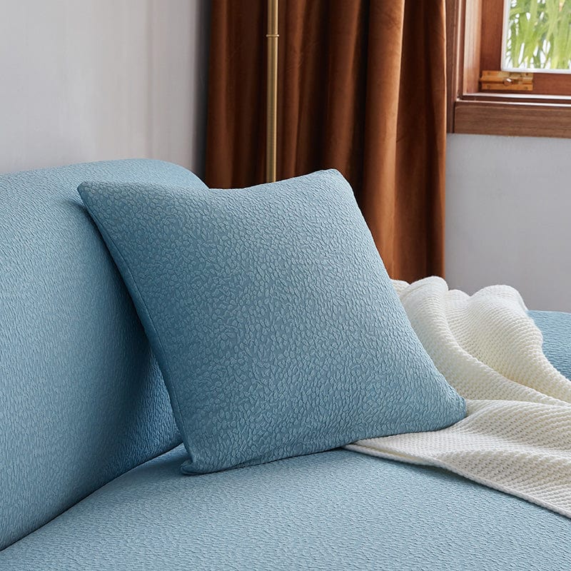 Housse de coussin bleu ciel, tissu déperlant et résistant