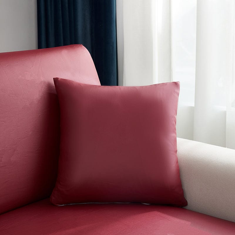 Housse de coussin bordeaux en simili cuir imperméable, vue de face