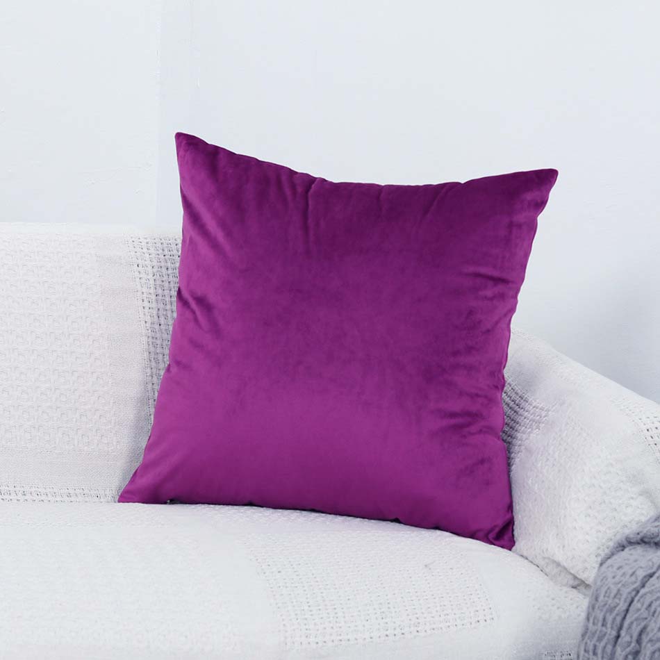 Deux housses de coussin pourpres en velours extensible sur canapé