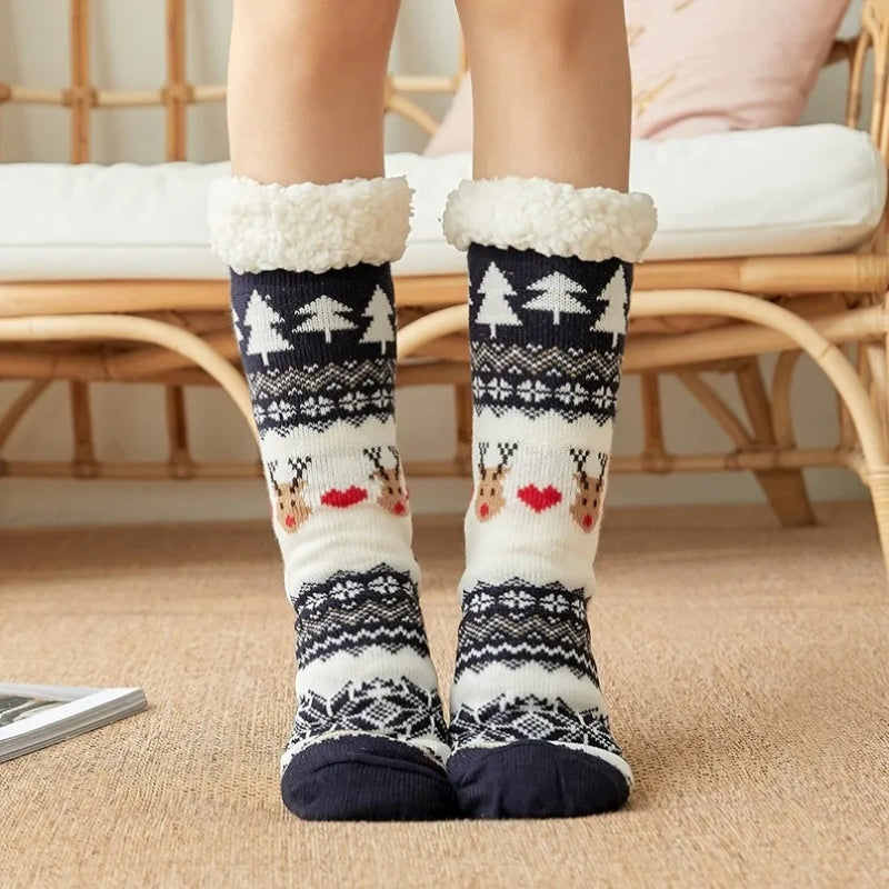 Chaussettes bleu marine en Pilou Pilou avec motifs de Noël