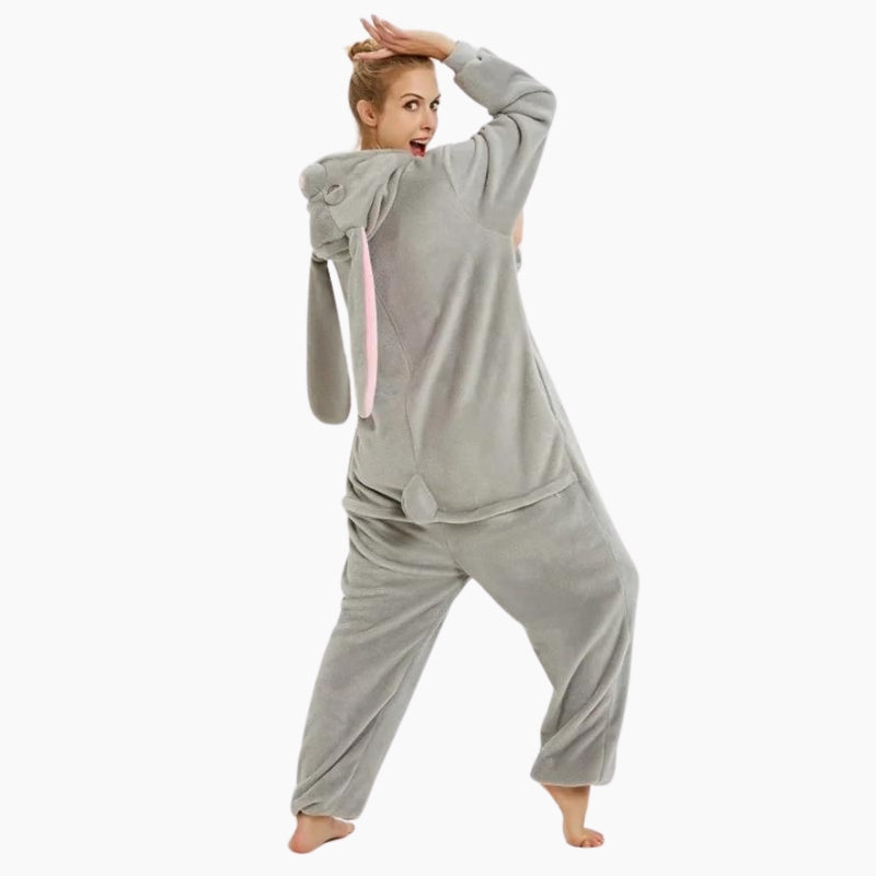 Combi pyjama grise avec capuche lapin et queue arrière